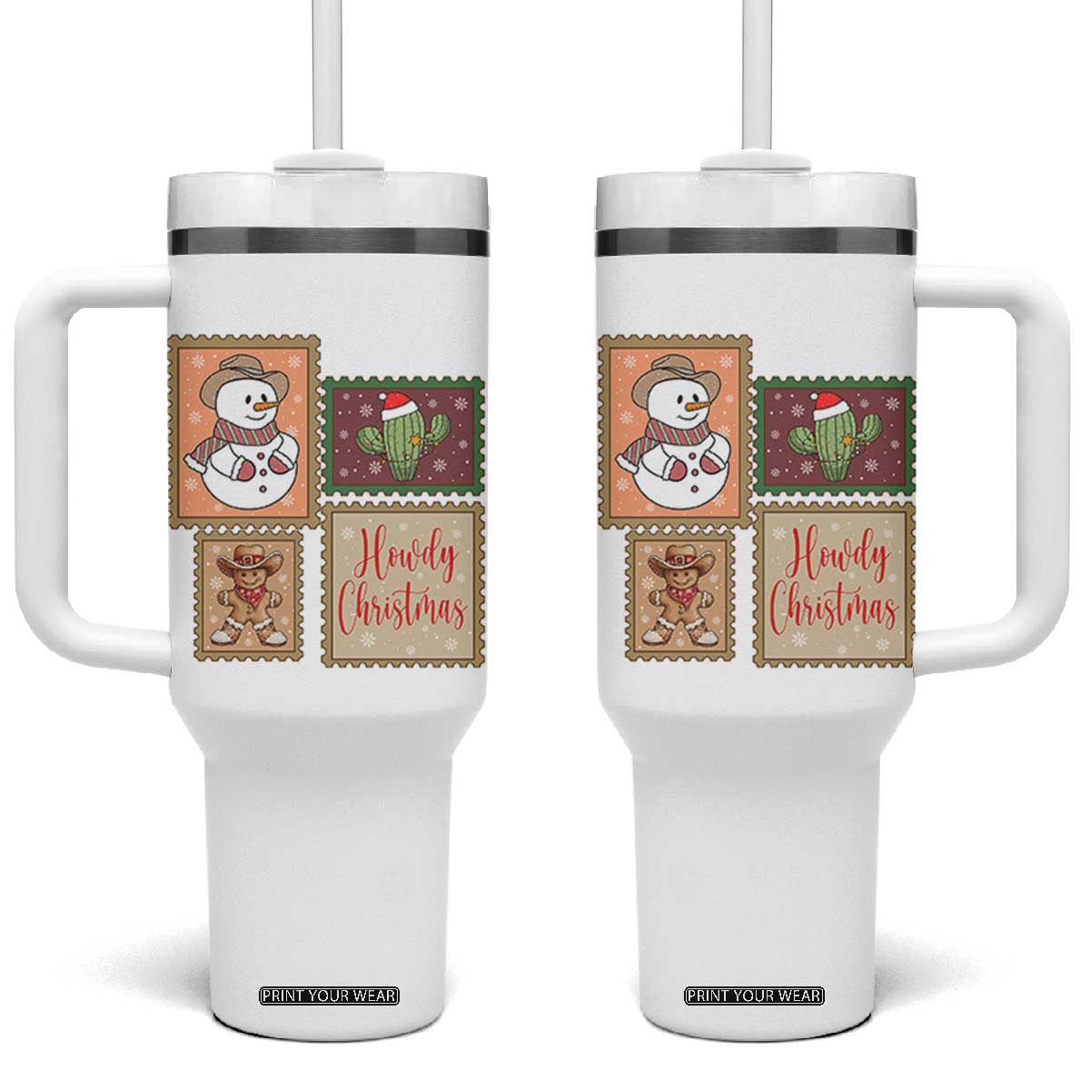 Howdy Christmas Postage Stamp Tumbler With Handle Western Life Holiday Gift TS12 One Size: 40 oz White Print Your Wear