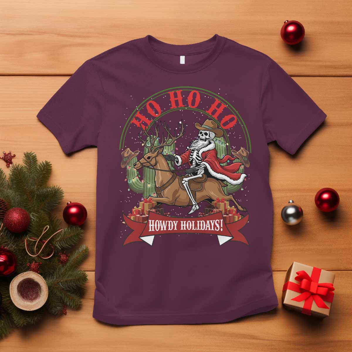 Funny Western Skeleton Cowboy Christmas T Shirt Howdy Holidays TS12 Maroon Print Your Wear