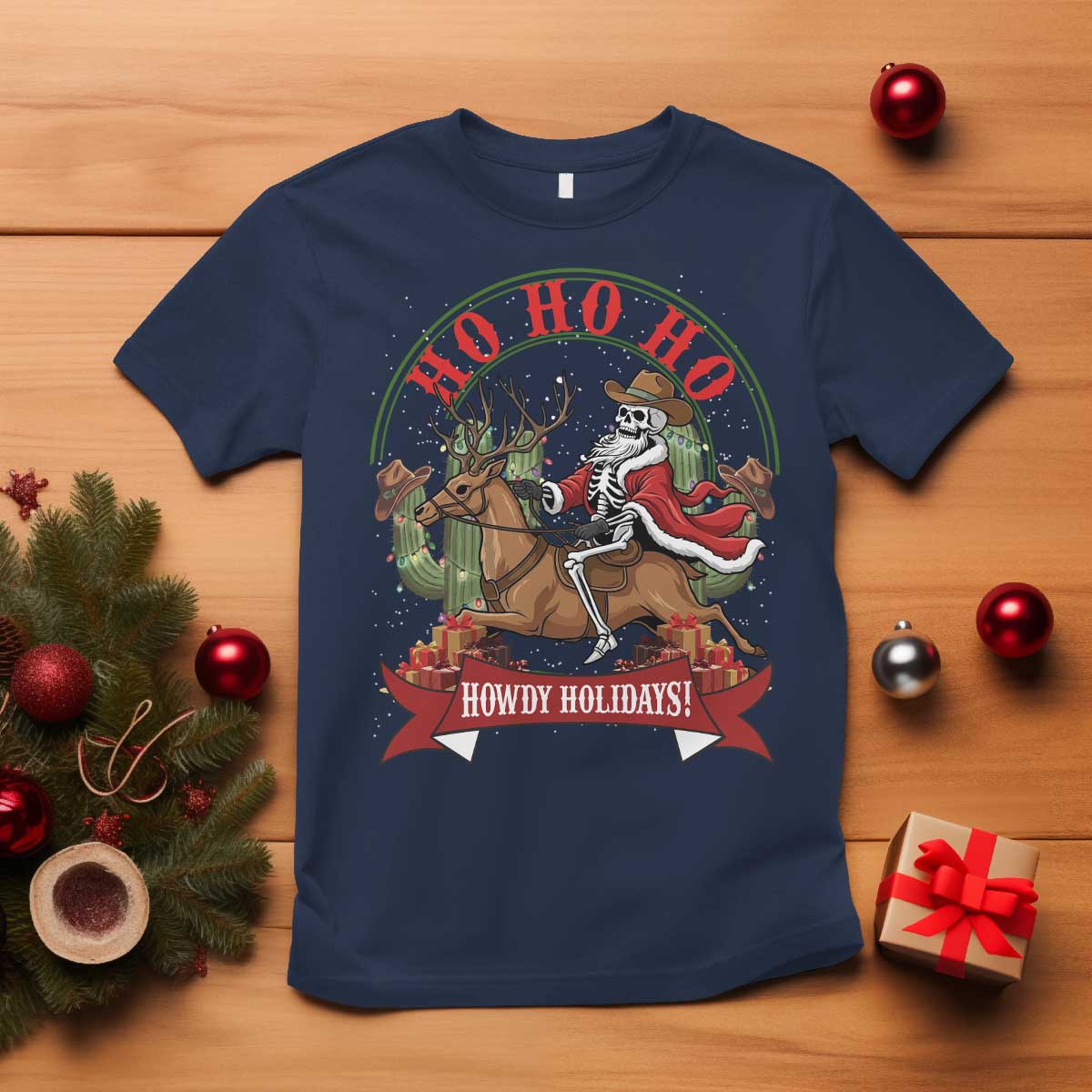 Funny Western Skeleton Cowboy Christmas T Shirt Howdy Holidays TS12 Navy Print Your Wear