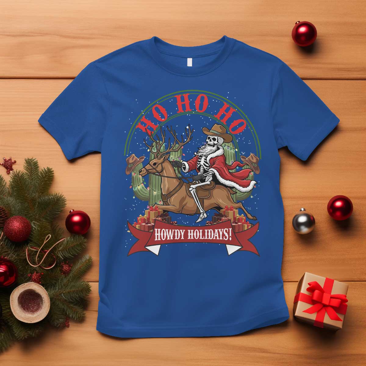 Funny Western Skeleton Cowboy Christmas T Shirt Howdy Holidays TS12 Royal Blue Print Your Wear