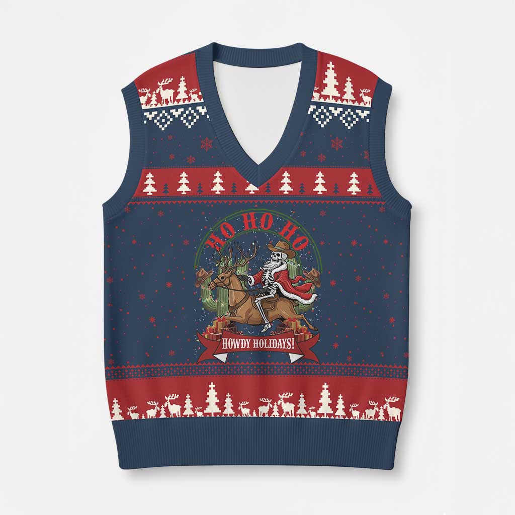 Funny Western Skeleton Cowboy Xmas V-Neck Knit Sweater Vest Howdy Holidays TS12 Navy Red Print Your Wear