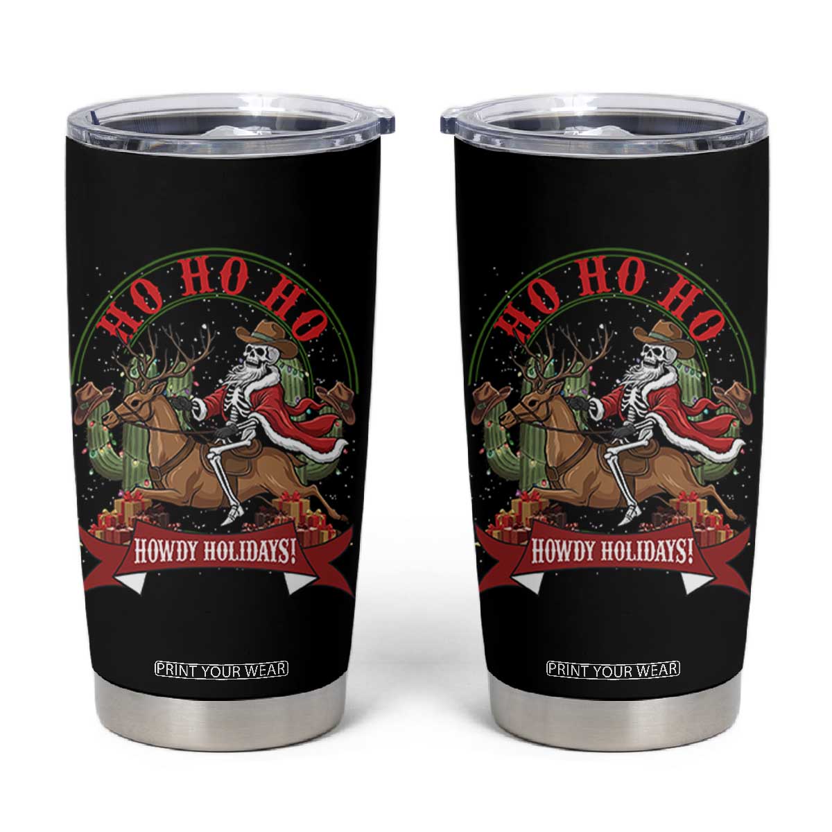 Funny Western Skeleton Cowboy Christmas Tumbler Cup Howdy Holidays TS12 Black Print Your Wear