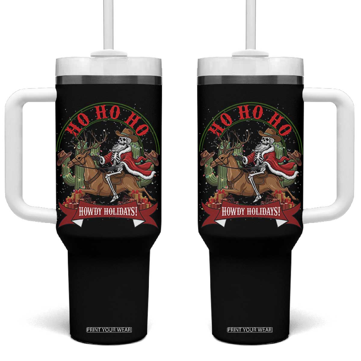 Funny Western Skeleton Cowboy Christmas Tumbler With Handle Howdy Holidays TS12 One Size: 40 oz Black Print Your Wear