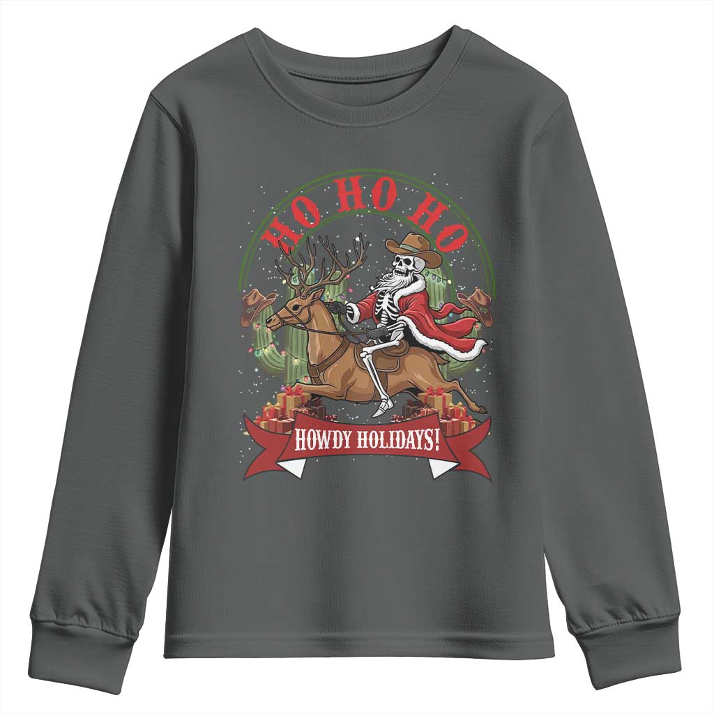 Funny Western Skeleton Cowboy Christmas Youth Sweatshirt Howdy Holidays TS12 Dark Heather Print Your Wear