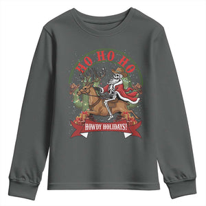 Funny Western Skeleton Cowboy Christmas Youth Sweatshirt Howdy Holidays TS12 Dark Heather Print Your Wear
