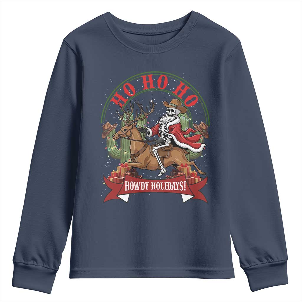 Funny Western Skeleton Cowboy Christmas Youth Sweatshirt Howdy Holidays TS12 Navy Print Your Wear