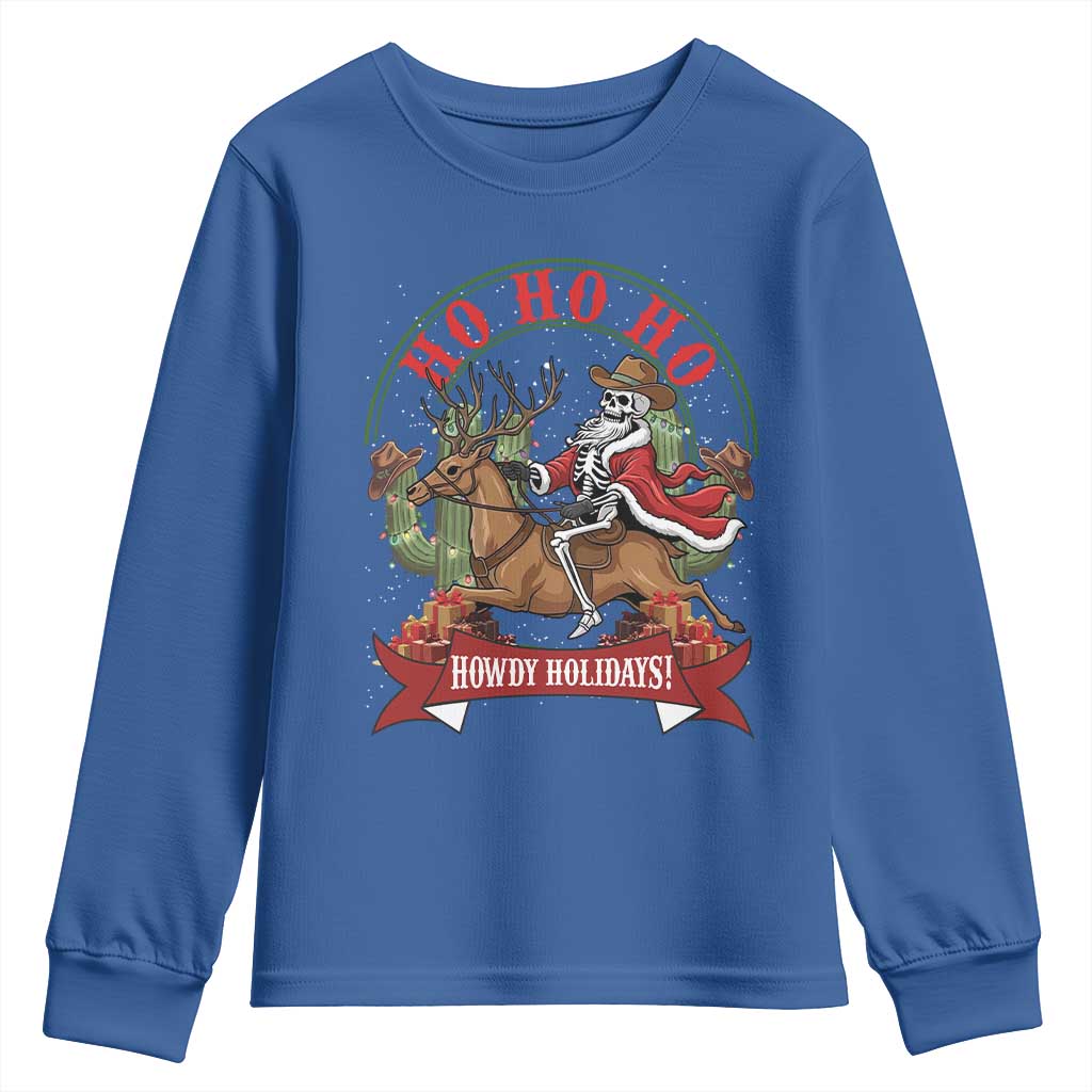 Funny Western Skeleton Cowboy Christmas Youth Sweatshirt Howdy Holidays TS12 Royal Blue Print Your Wear