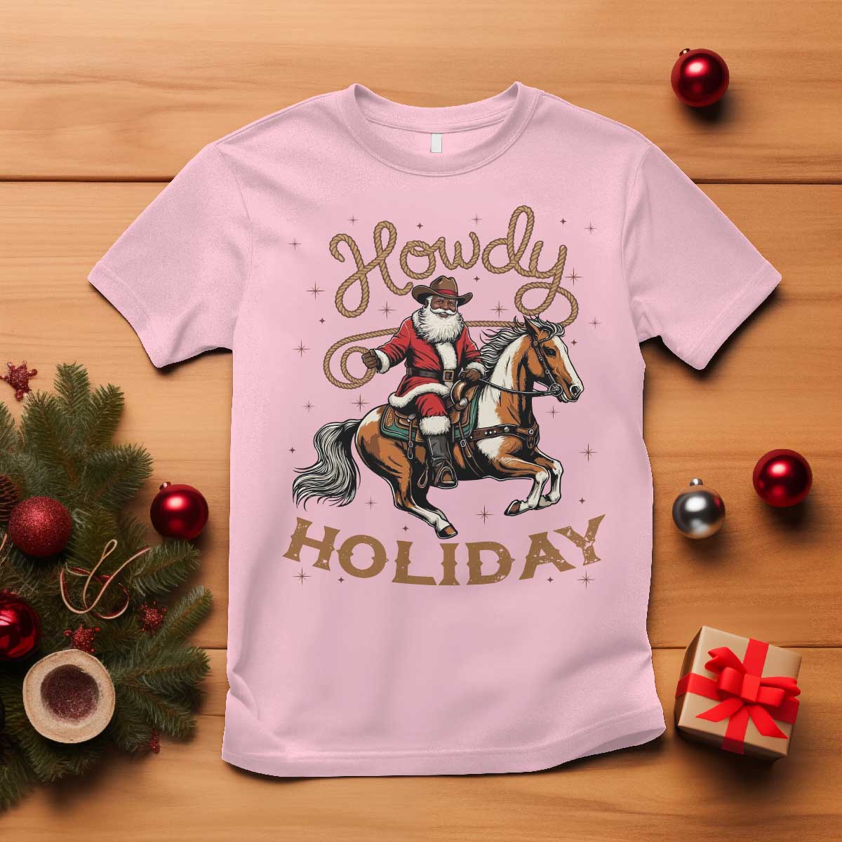 Black Santa Howdy Western Cowboy T Shirt Christmas Gift TS12 Light Pink Print Your Wear