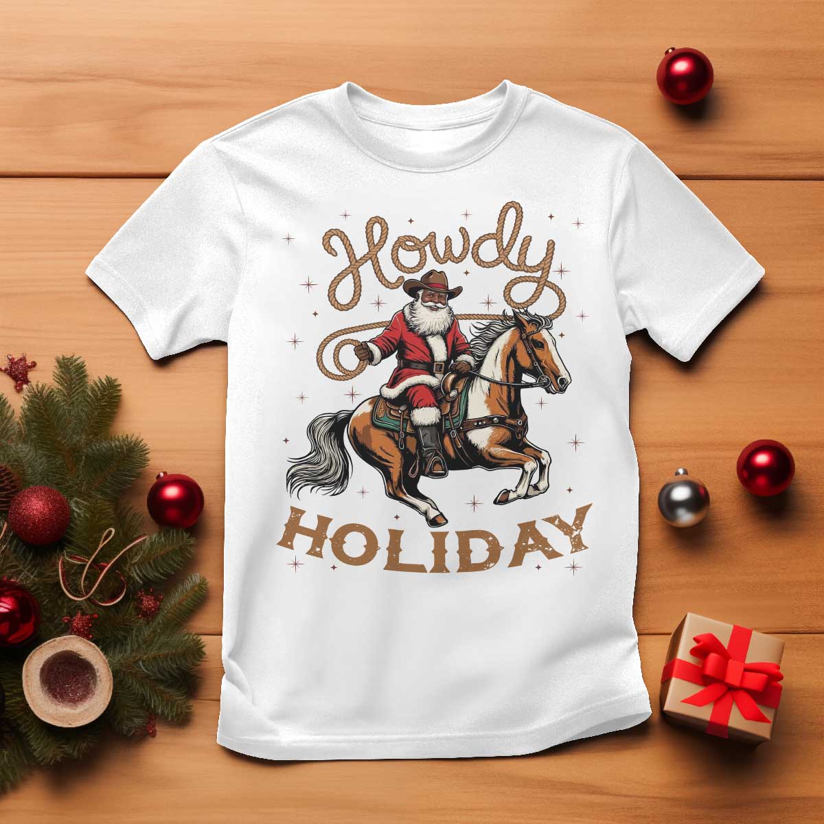 Black Santa Howdy Western Cowboy T Shirt Christmas Gift TS12 White Print Your Wear