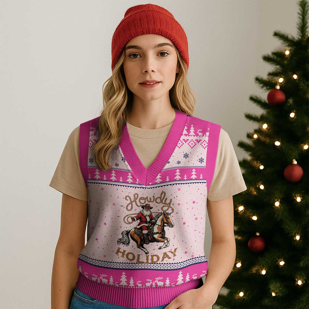 Black Santa Howdy Western Cowboy V-Neck Knit Sweater Vest Xmas Gift TS12 Hot Pink Print Your Wear