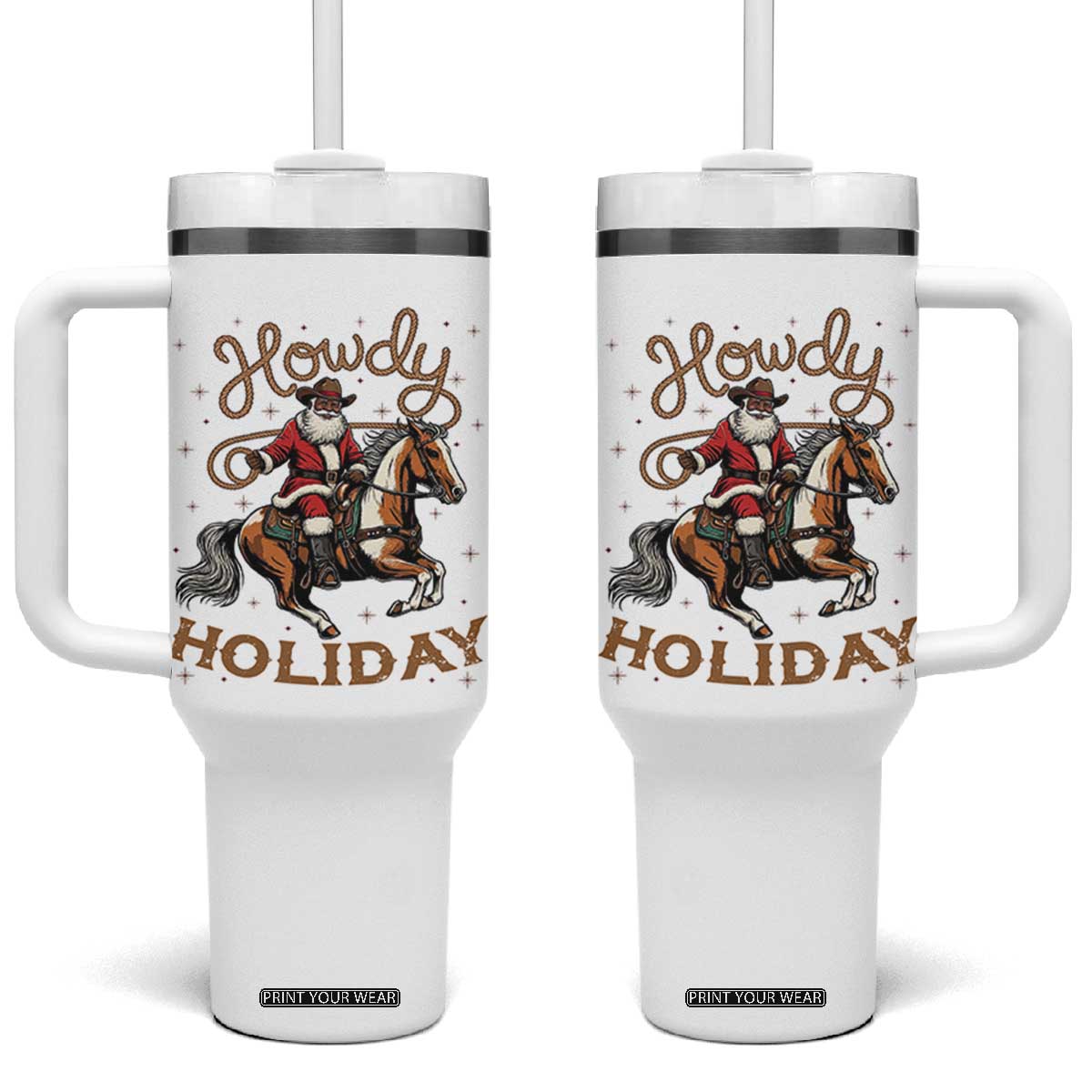 Black Santa Howdy Western Cowboy Tumbler With Handle Christmas Gift TS12 One Size: 40 oz White Print Your Wear
