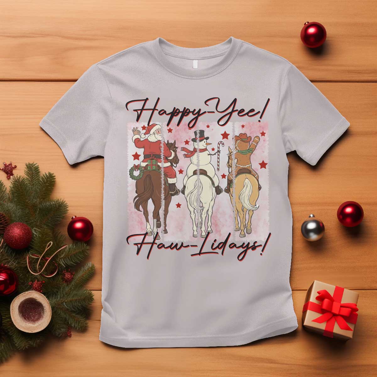 Western Christmas Horse Rider T Shirt Happy Yee Haw Lidays TS12 Ice Gray Print Your Wear