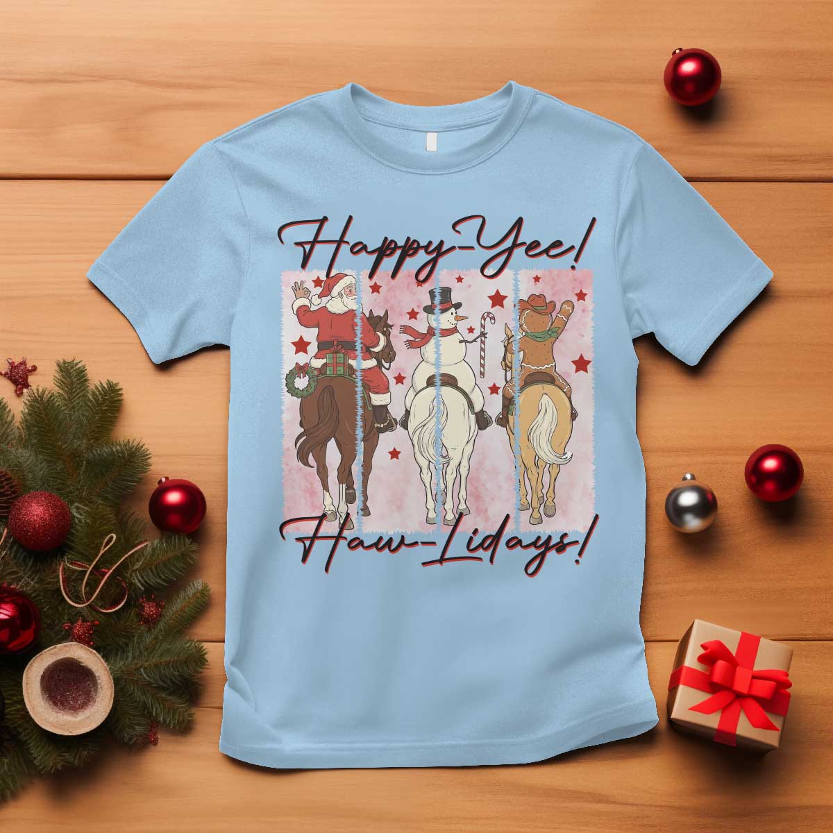 Western Christmas Horse Rider T Shirt Happy Yee Haw Lidays TS12 Light Blue Print Your Wear
