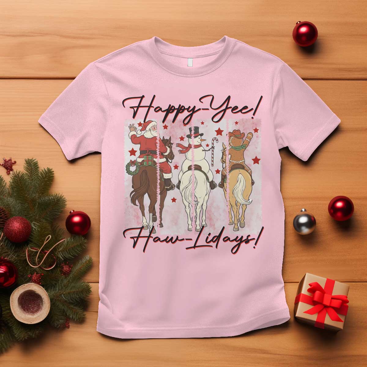 Western Christmas Horse Rider T Shirt Happy Yee Haw Lidays TS12 Light Pink Print Your Wear