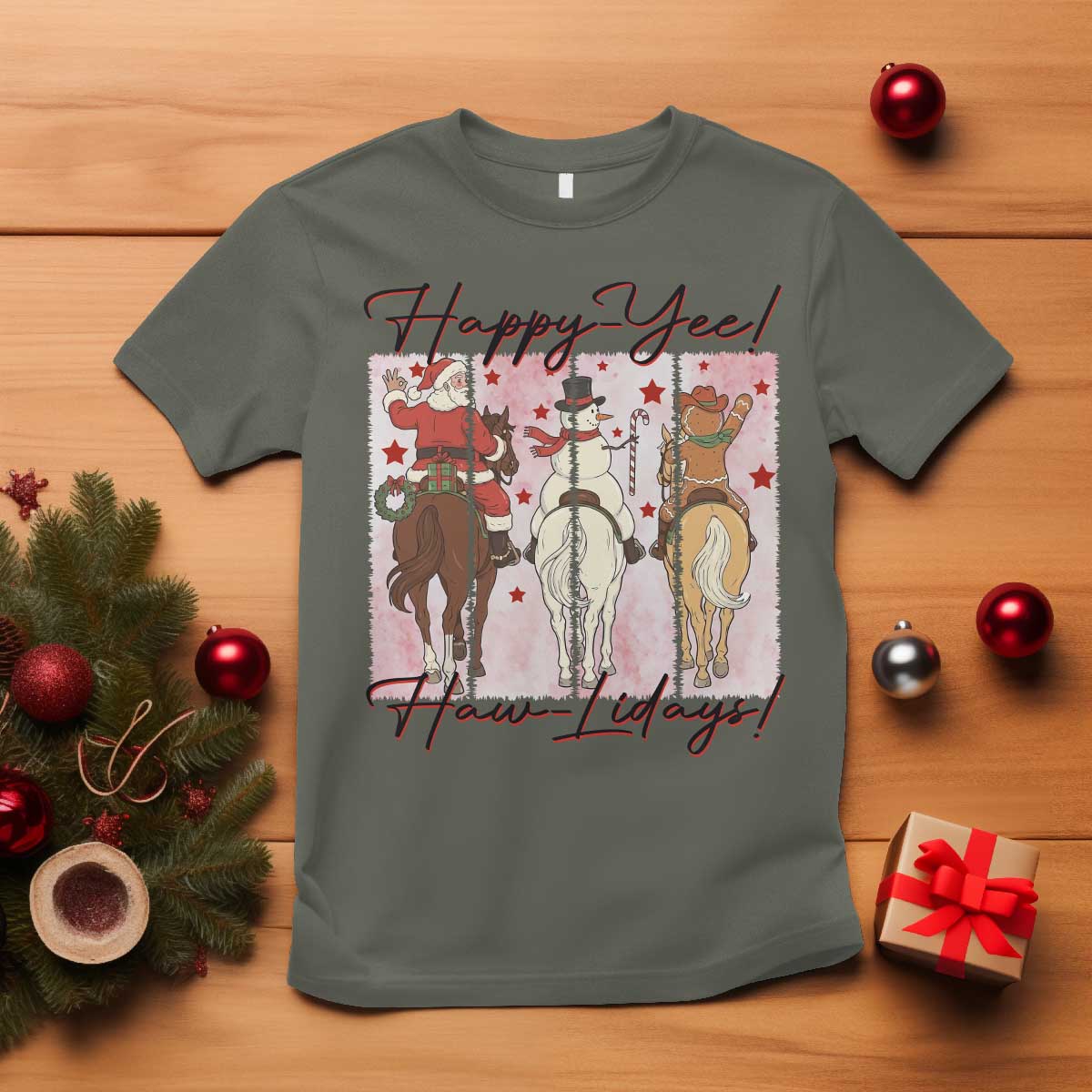 Western Christmas Horse Rider T Shirt Happy Yee Haw Lidays TS12 Military Green Print Your Wear