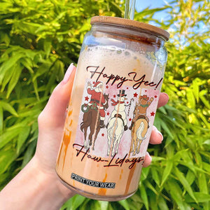 Western Christmas Horse Rider Glass Can Happy Yee Haw Lidays TS12 White Print Your Wear