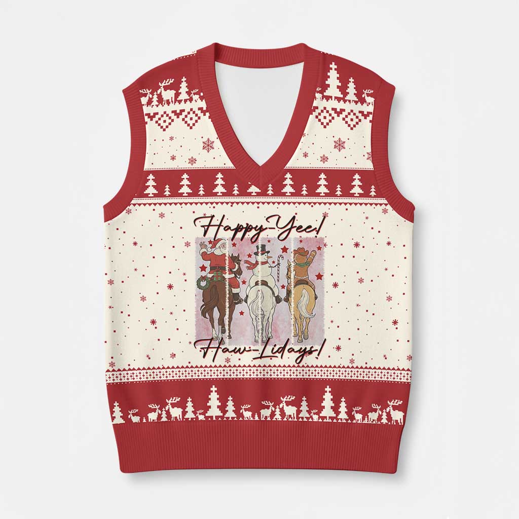 Western Xmas Horse Rider V-Neck Knit Sweater Vest Happy Yee Haw Lidays TS12 Beige Red Print Your Wear