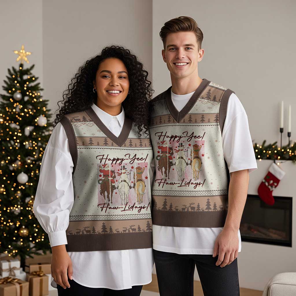 Western Xmas Horse Rider V-Neck Knit Sweater Vest Happy Yee Haw Lidays TS12 Mocha Mousse Print Your Wear