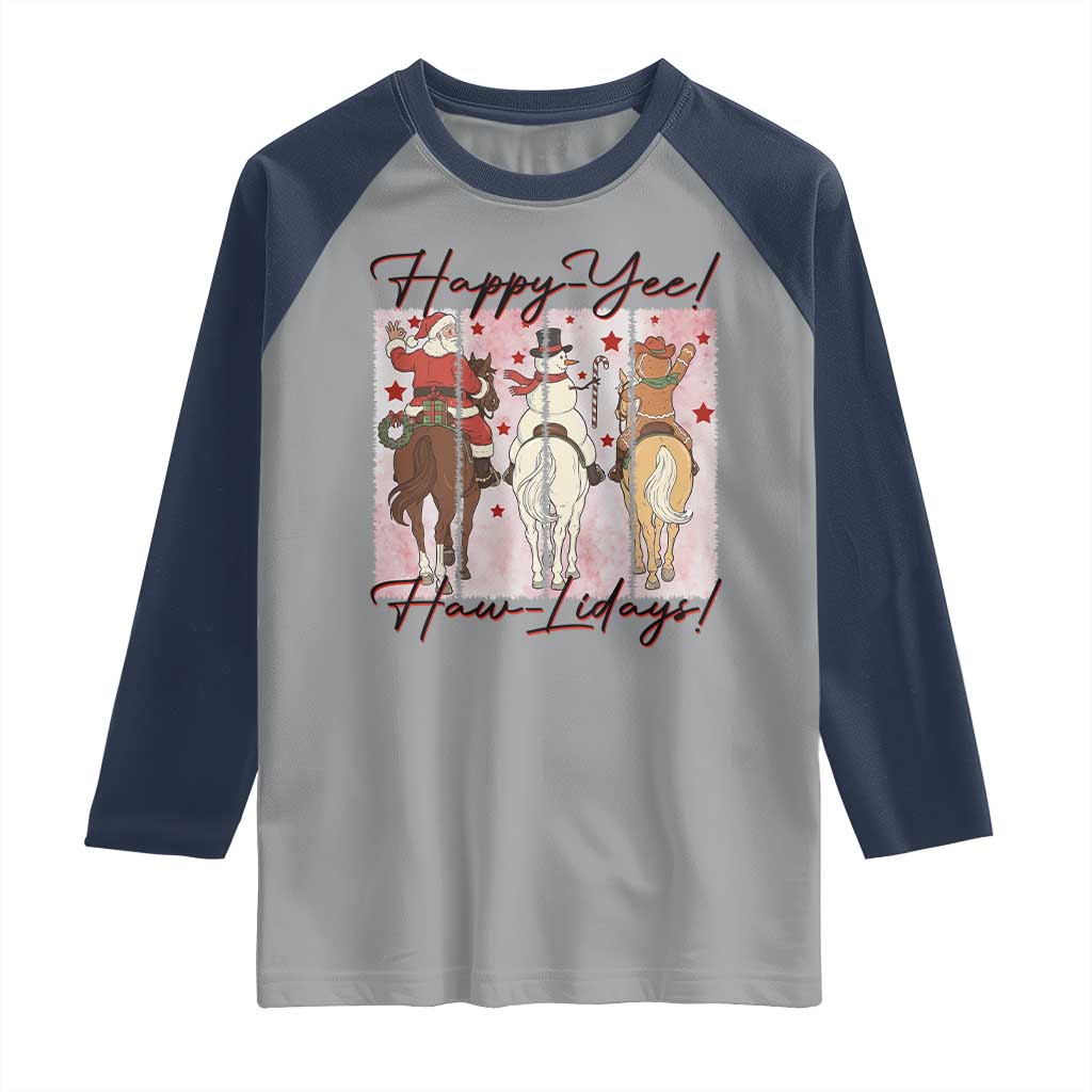 Western Christmas Horse Rider Raglan Shirt Happy Yee Haw Lidays TS12 Sport Gray Navy Print Your Wear