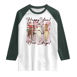Western Christmas Horse Rider Raglan Shirt Happy Yee Haw Lidays TS12 White Dark Forest Green Print Your Wear