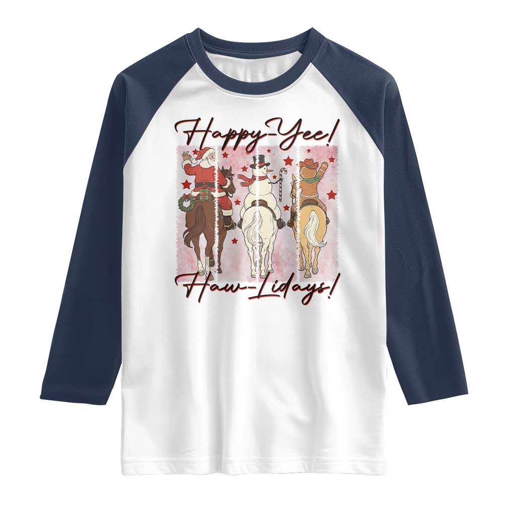 Western Christmas Horse Rider Raglan Shirt Happy Yee Haw Lidays TS12 White Navy Print Your Wear