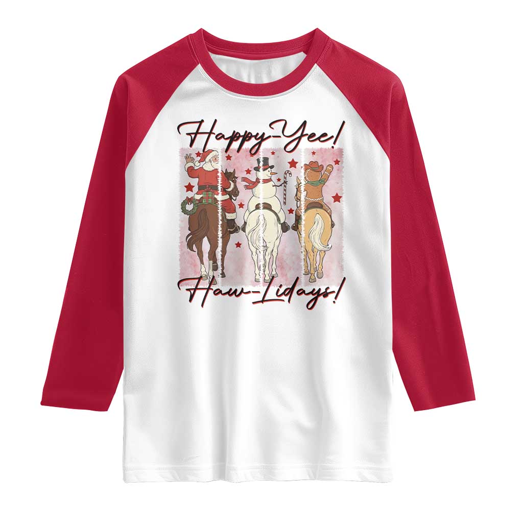 Western Christmas Horse Rider Raglan Shirt Happy Yee Haw Lidays TS12 White Red Print Your Wear