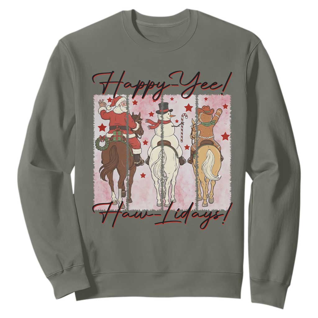 Western Christmas Horse Rider Sweatshirt Happy Yee Haw Lidays TS12 Military Green Print Your Wear