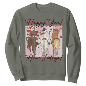 Western Christmas Horse Rider Sweatshirt Happy Yee Haw Lidays TS12 Military Green Print Your Wear
