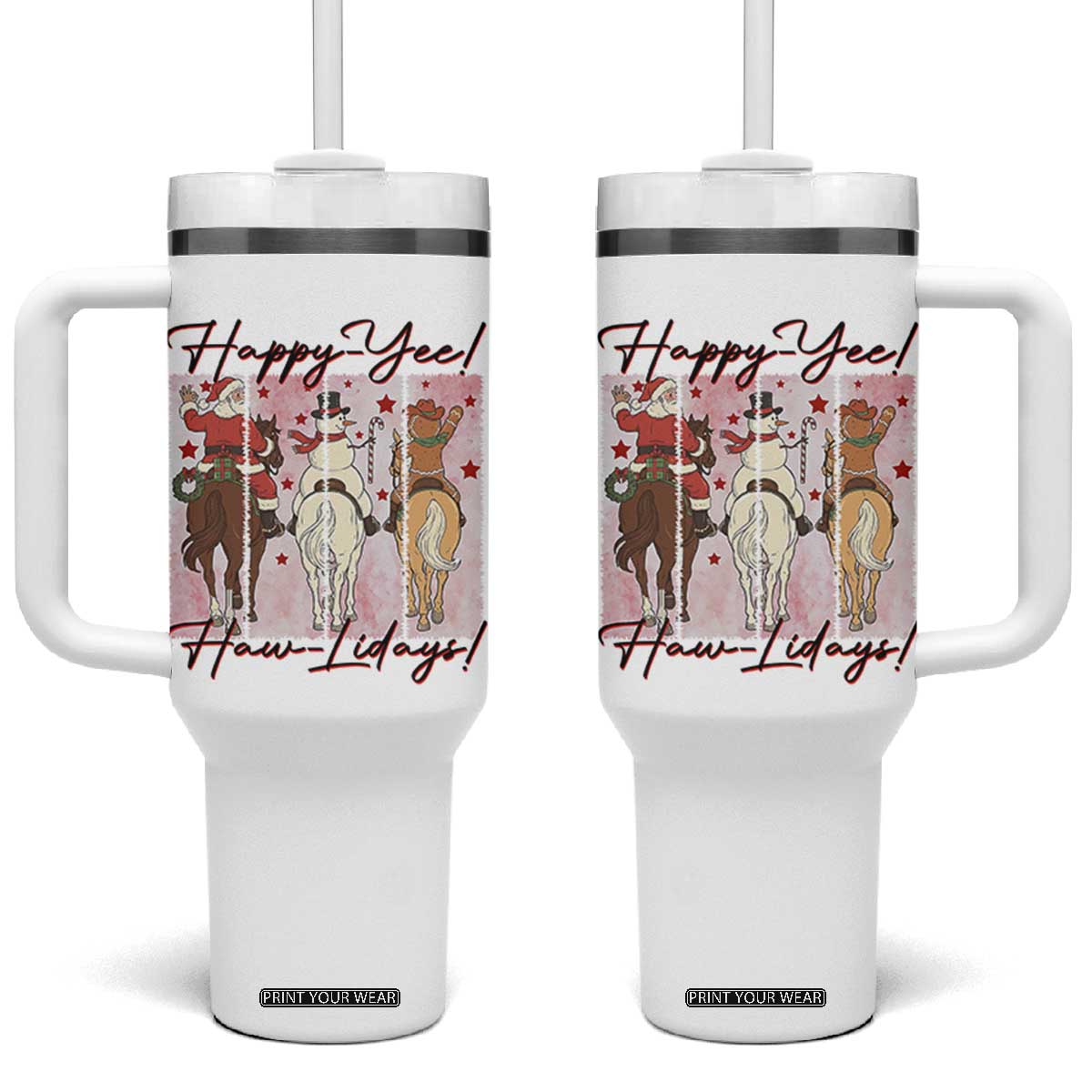 Western Christmas Horse Rider Tumbler With Handle Happy Yee Haw Lidays TS12 One Size: 40 oz White Print Your Wear