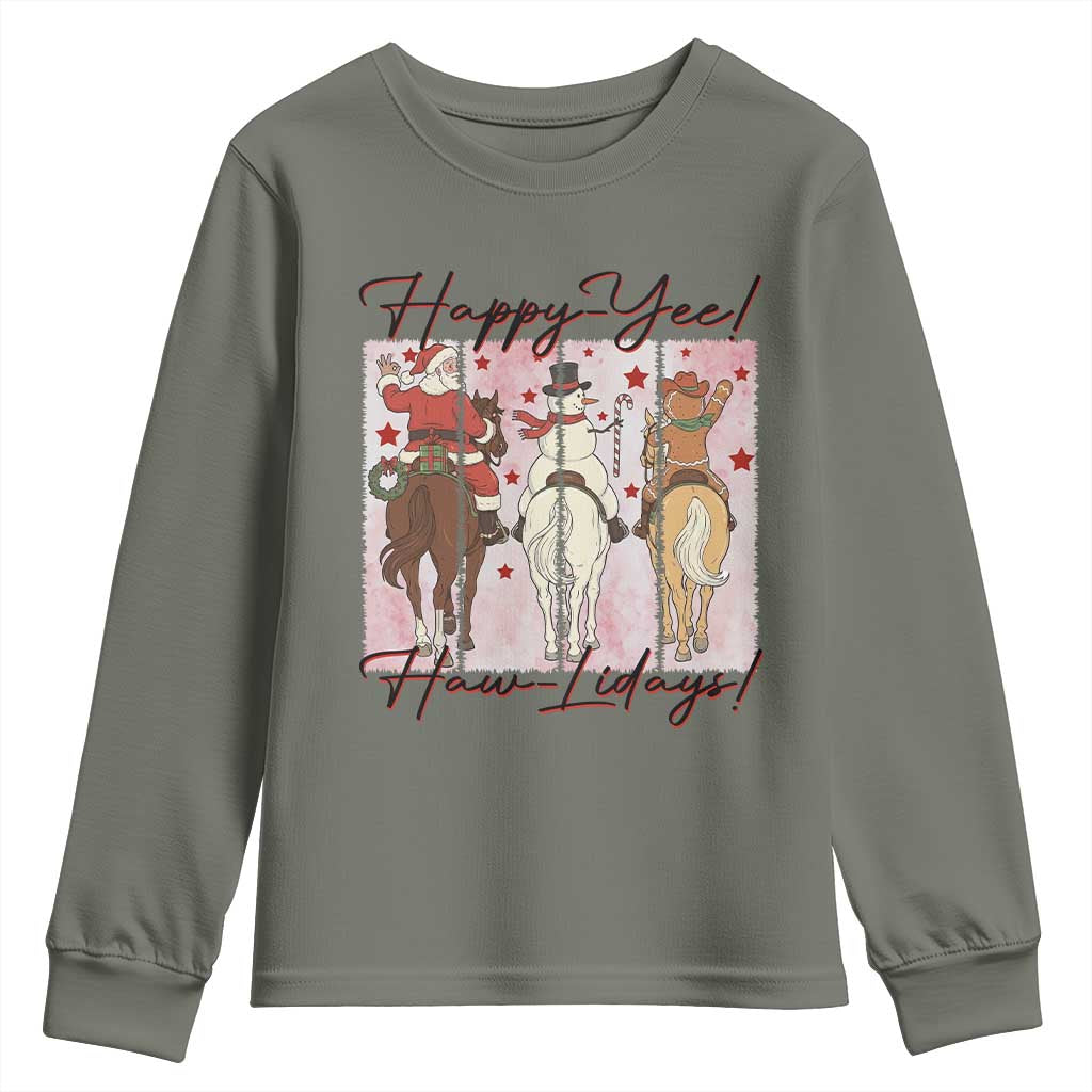 Western Christmas Horse Rider Youth Sweatshirt Happy Yee Haw Lidays TS12 Military Green Print Your Wear