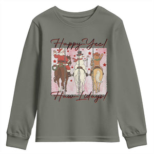 Western Christmas Horse Rider Youth Sweatshirt Happy Yee Haw Lidays TS12 Military Green Print Your Wear