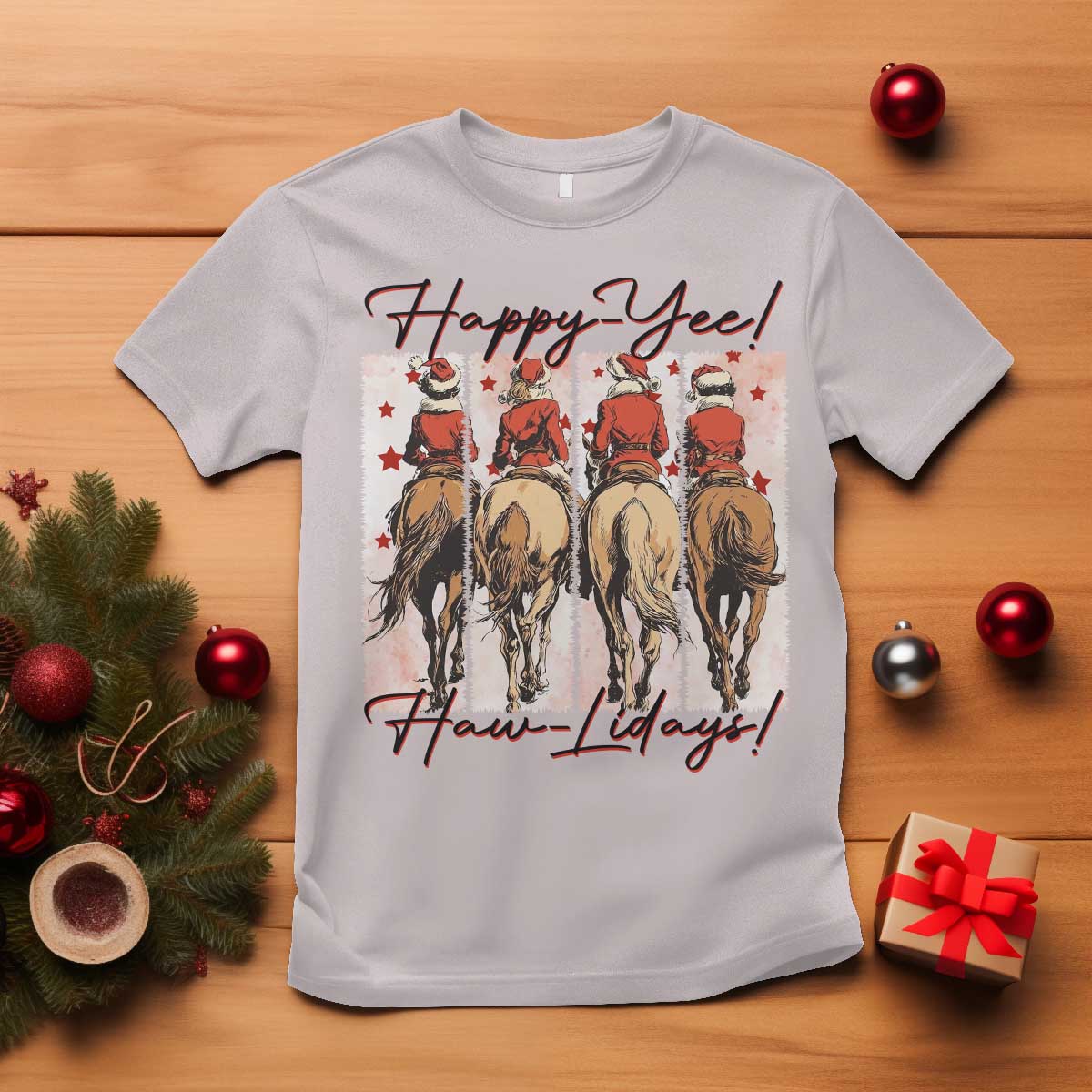 Happy Yee Haw Lidays T Shirt Western Christmas Horse Rider Cowgirl Gift TS12 Ice Gray Print Your Wear