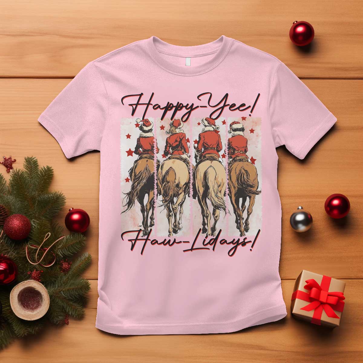 Happy Yee Haw Lidays T Shirt Western Christmas Horse Rider Cowgirl Gift TS12 Light Pink Print Your Wear