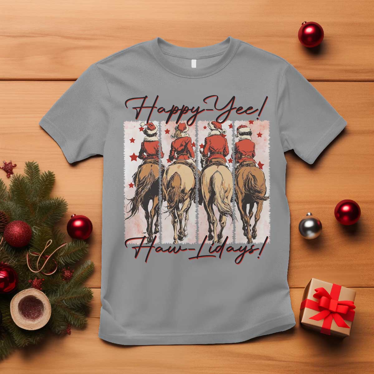 Happy Yee Haw Lidays T Shirt Western Christmas Horse Rider Cowgirl Gift TS12 Sport Gray Print Your Wear