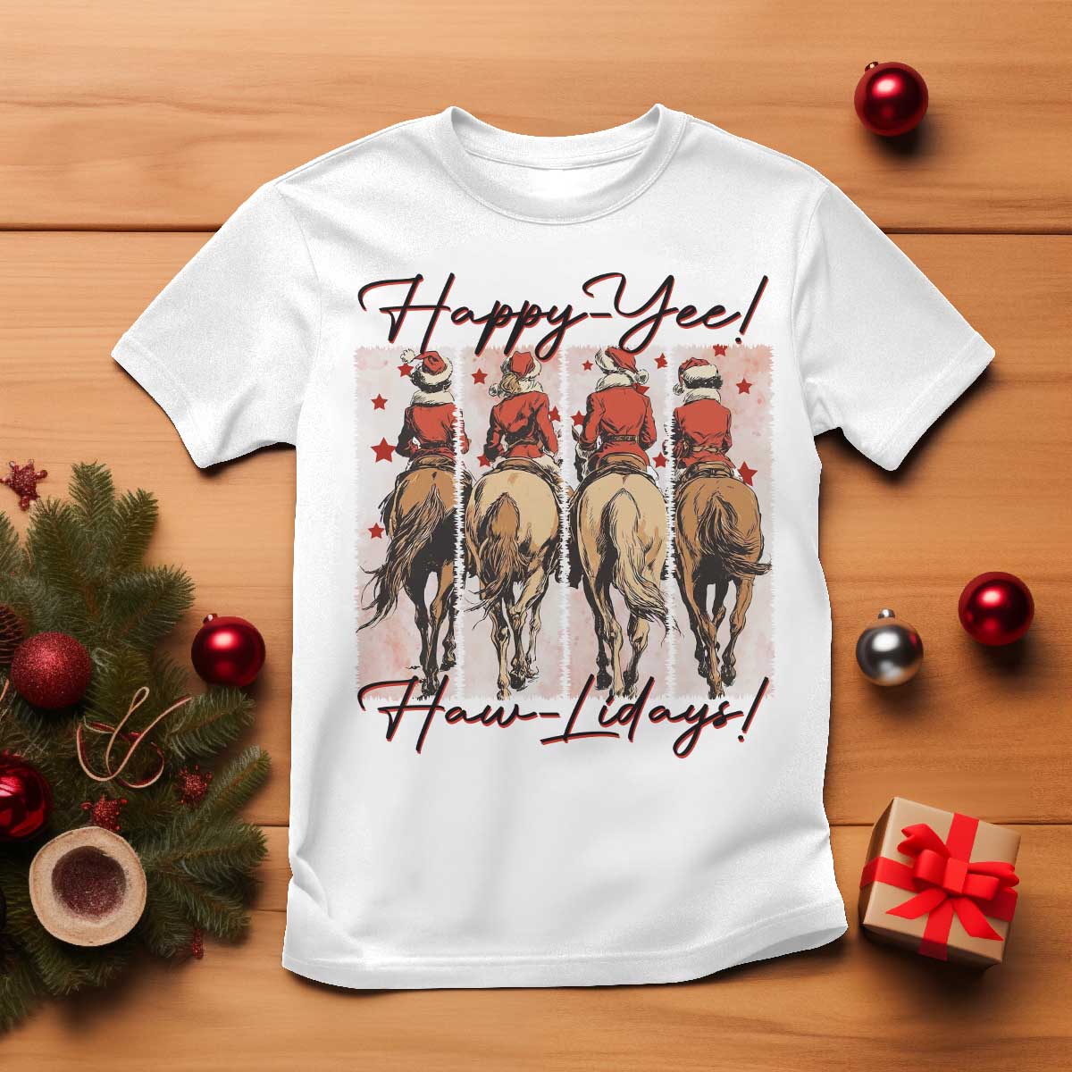 Happy Yee Haw Lidays T Shirt Western Christmas Horse Rider Cowgirl Gift TS12 White Print Your Wear