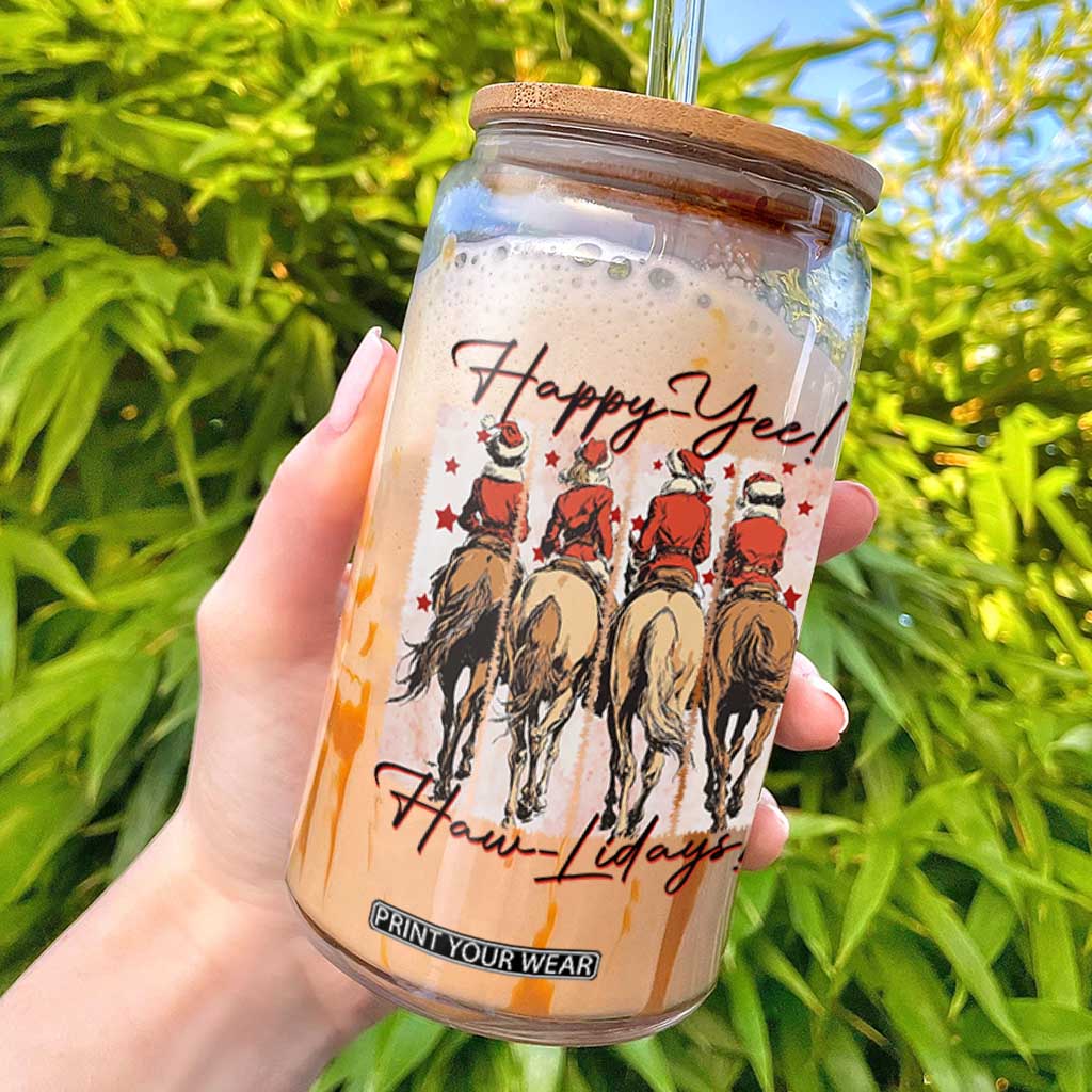 Happy Yee Haw Lidays Glass Can Western Christmas Horse Rider Cowgirl Gift TS12 White Print Your Wear
