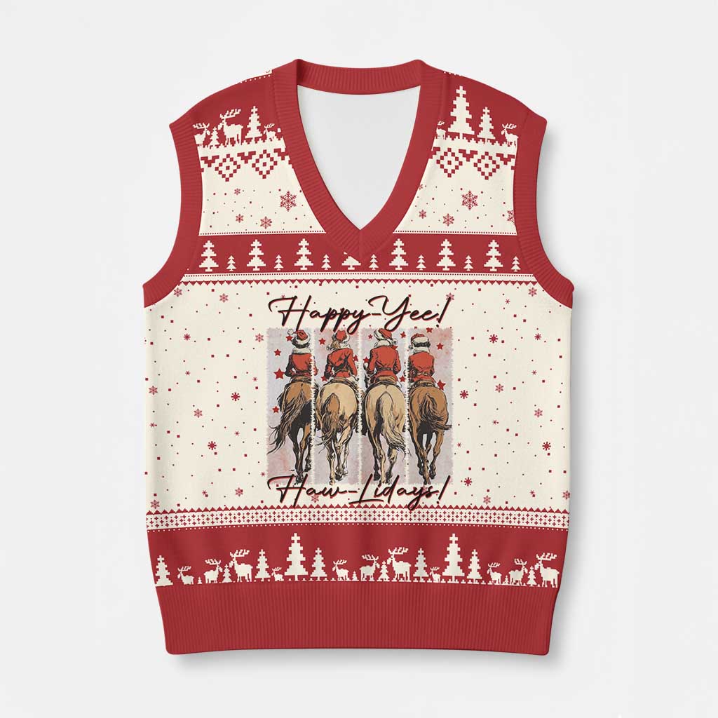 Happy Yee Haw Lidays V-Neck Knit Sweater Vest Western Xmas Horse Rider Cowgirl Gift TS12 Beige Red Print Your Wear