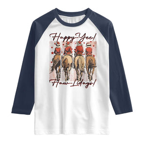 Happy Yee Haw Lidays Raglan Shirt Western Christmas Horse Rider Cowgirl Gift TS12 White Navy Print Your Wear