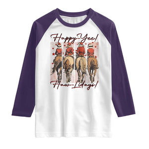 Happy Yee Haw Lidays Raglan Shirt Western Christmas Horse Rider Cowgirl Gift TS12 White Purple Print Your Wear