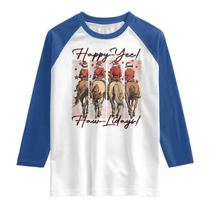 Happy Yee Haw Lidays Raglan Shirt Western Christmas Horse Rider Cowgirl Gift TS12 White Royal Print Your Wear