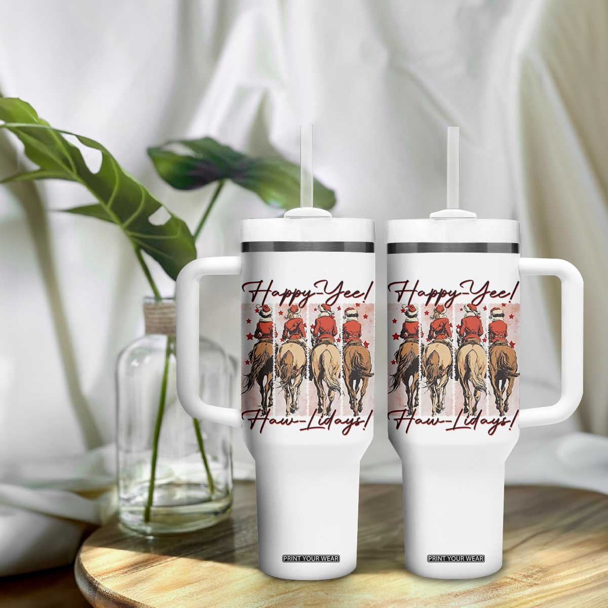 Happy Yee Haw Lidays Tumbler With Handle Western Christmas Horse Rider Cowgirl Gift TS12 Print Your Wear