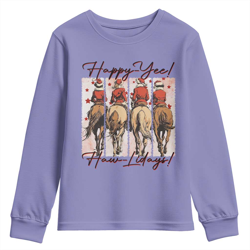 Happy Yee Haw Lidays Youth Sweatshirt Western Christmas Horse Rider Cowgirl Gift TS12 Violet Print Your Wear