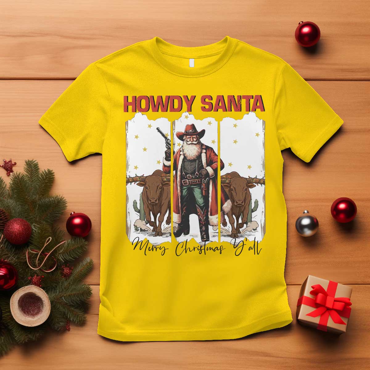 Howdy Santa Merry Christmas Y'all T Shirt Funny Western Bull Riding TS12 Daisy Print Your Wear