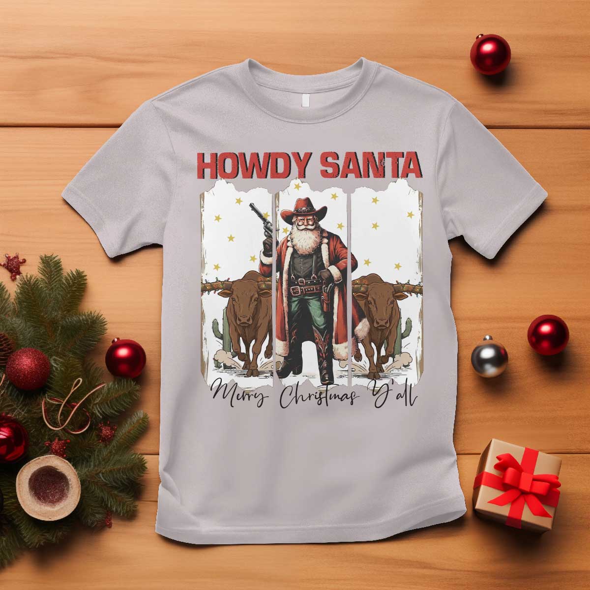 Howdy Santa Merry Christmas Y'all T Shirt Funny Western Bull Riding TS12 Ice Gray Print Your Wear
