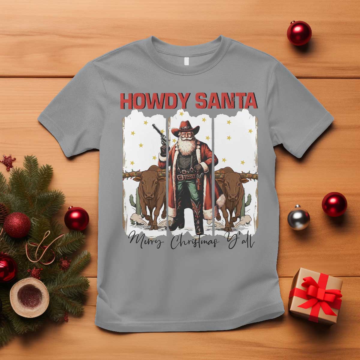 Howdy Santa Merry Christmas Y'all T Shirt Funny Western Bull Riding TS12 Sport Gray Print Your Wear