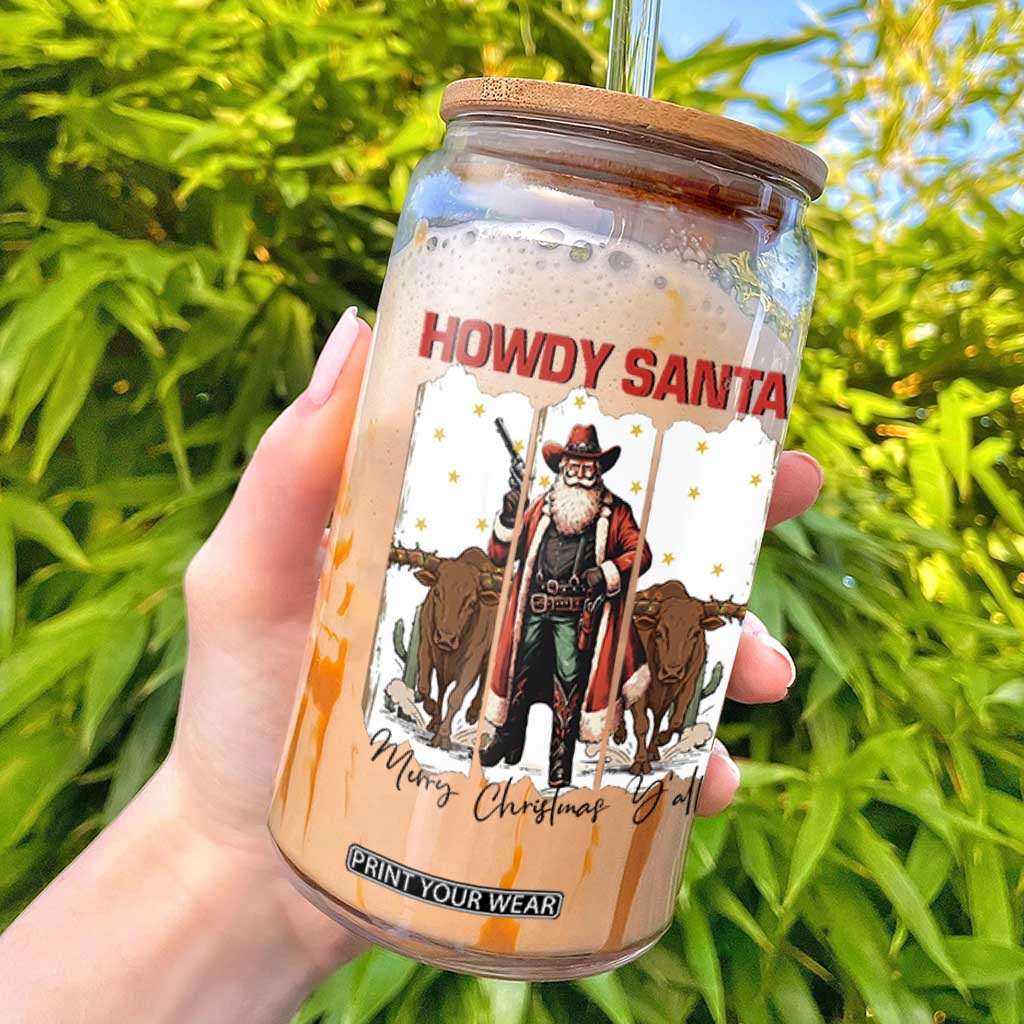 Howdy Santa Merry Christmas Y'all Glass Can Funny Western Bull Riding TS12 White Print Your Wear