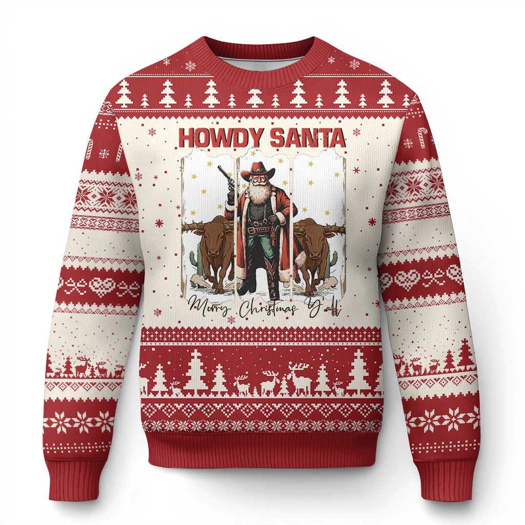 Howdy Santa Merry Xmas Y'all Ugly Christmas Sweater Funny Western Bull Riding TS12 Beige Red Print Your Wear