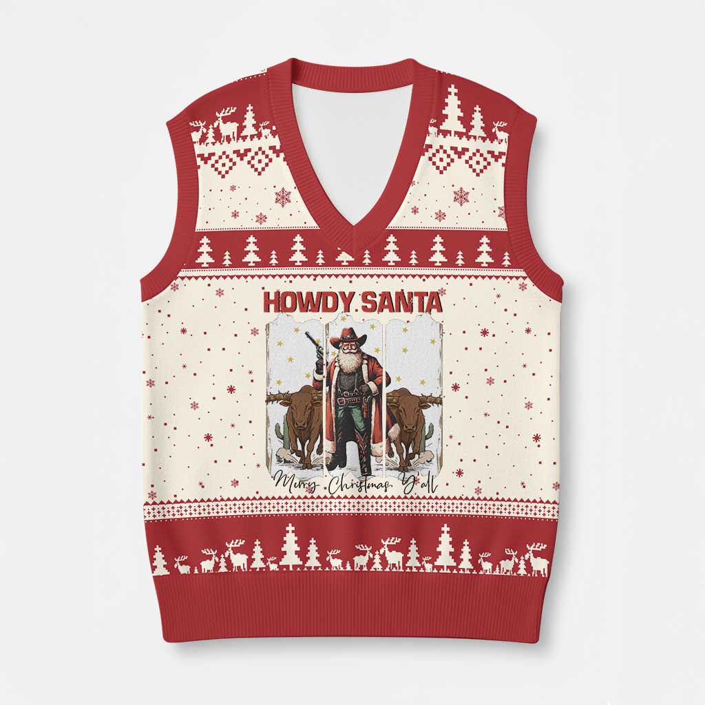 Howdy Santa Merry Xmas Y'all V-Neck Knit Sweater Vest Funny Western Bull Riding TS12 Beige Red Print Your Wear