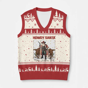 Howdy Santa Merry Xmas Y'all V-Neck Knit Sweater Vest Funny Western Bull Riding TS12 Beige Red Print Your Wear