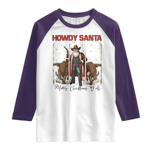 Howdy Santa Merry Christmas Y'all Raglan Shirt Funny Western Bull Riding TS12 White Purple Print Your Wear